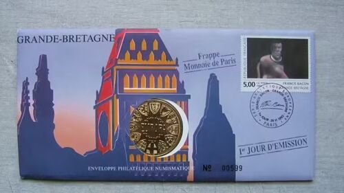 Enveloppe Officielle Timbre Et Medaille Monnaie De Paris " 1er Jour D'Émission " Grande Bretagne