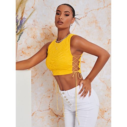 Shein Bae Top Sansmanches Court À Lacets Texturé