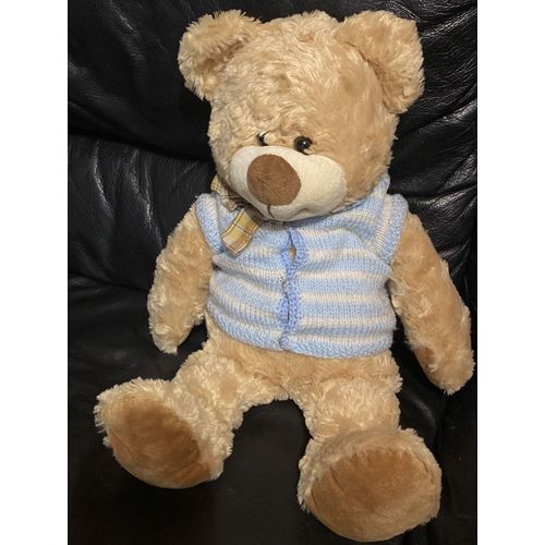 Doudou peluche ours marron clair pull bleu et blanc en laine 42cm