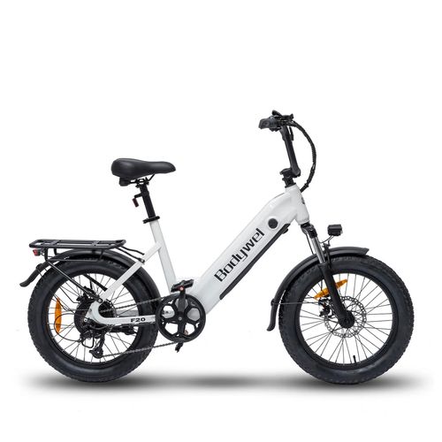 Vélo Électrique Bodywel F20 Moteur 500 W Batterie 48 V 13,5 Ah Vitesse Maximale : 25 Km/H Autonomie : 110 Km Pneus 20 Pouces Suspension Avant Freins À Disque Porte-Bagages Arrière Blanc