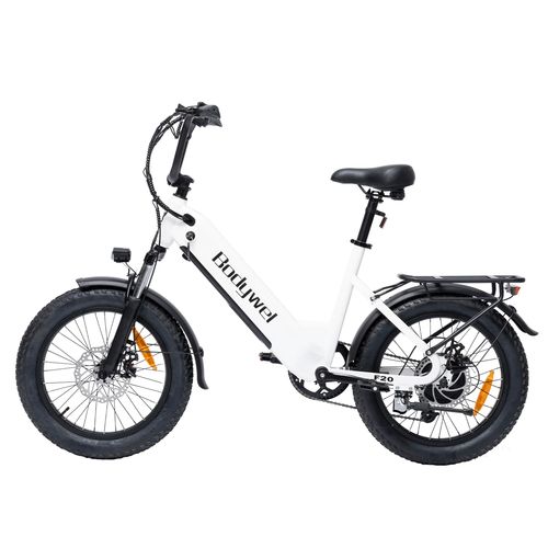 Vélo Électrique Bodywel F20 Moteur 500 W Batterie 48 V 13,5 Ah Vitesse Maximale : 25 Km/H Autonomie : 110 Km Pneus 20 Pouces Suspension Avant Freins À Disque Porte-Bagages Arrière Blanc