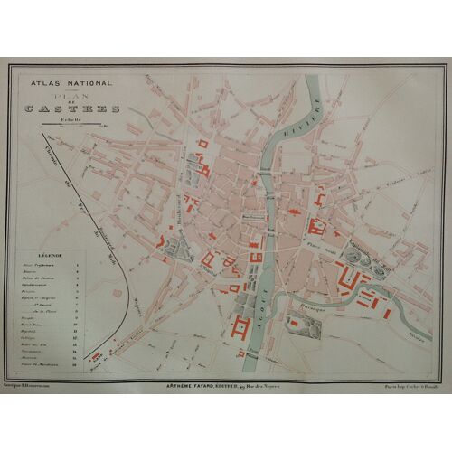 Ancien Plan Gravé En Couleur Ville De Castres - Tarn 1877
