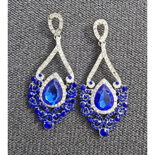 Boucles Dorées Pendante Argenté Mariage Ou Soirée Pierre Bleu Et Strass