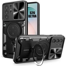 Coque pour Samsung Galaxy S26 Ultra, Rigide avec Anneau et Protection Objectif Coulissante - Noir - E.F.Connection