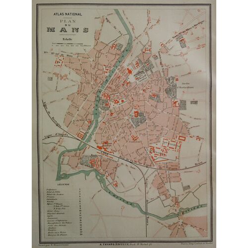 Ancien Plan Gravé En Couleur Ville De Le Mans Sarthe 1877
