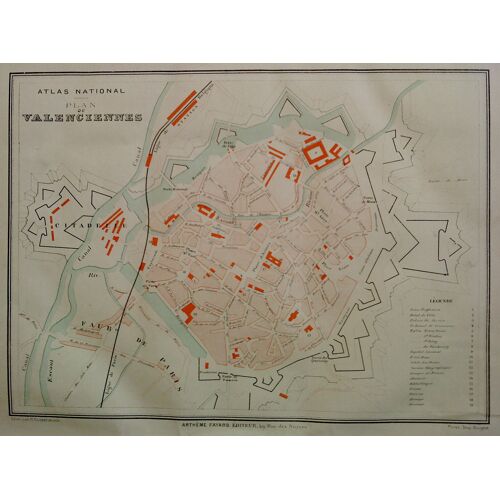 Ancien Plan Gravé En Couleur Ville De Valenciennes - Nord 1877