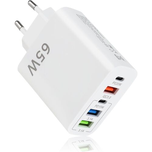KALANKA-65W Chargeur USB C à 5 Ports, Chargeur Rapide Multi Secteur avec Technologie PD 20W et QC 3.1A, Adaptateur Compatible avec iPhone 16/15/14/13/12/11 Pro Max, iPad, Samsung, Tablettes, Écouteur