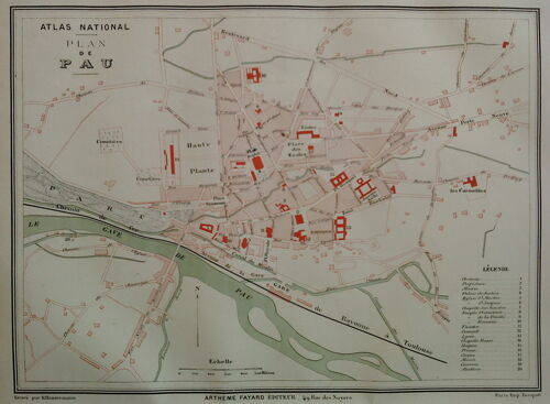 Ancien Plan Gravé En Couleur Ville De Pau - Pyrenees Atlantiques 1877
