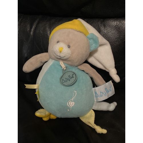 Doudou peluche ours boule bleu gris bonnet blanc et jaune musicale 17cm
