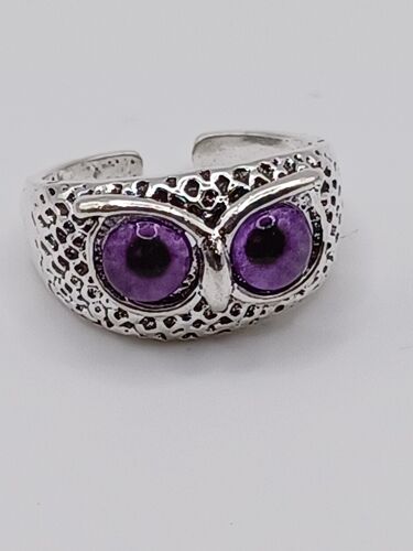 Bague Métal Argenté,Tête De Hiboux ,Yeux Violet,Bague Ouverte,Taille 19.11 Mm