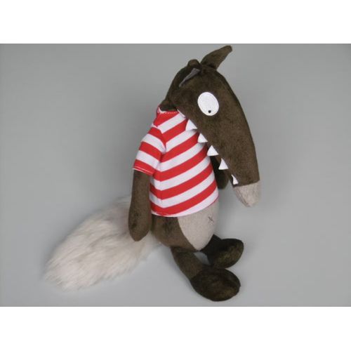 Doudou loup Auzou marron gris pull rayé rouge blanc