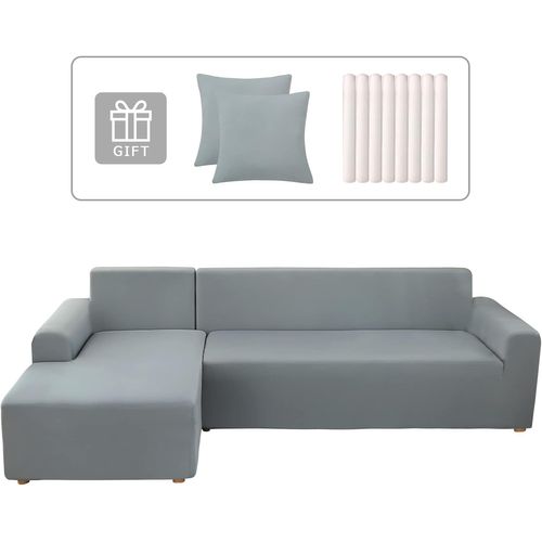 Housse de Canapé d'angle Extensible 2 Pièces Housse de Canapé vec Accoudoirs Convertible avec Deux Taies d'oreiller Couverture de Canapé d'angle Forme de L Revêtement Canapé，Gris Clair
