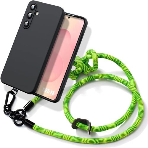 Coque pour Samsung Galaxy S25 FE, Silicone Liquide Slim Noir avec Bandoulière Robuste Verte - E.F.Connection
