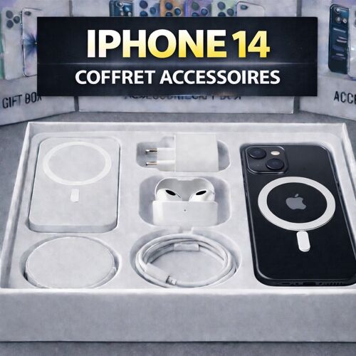 Coffret Accessoires (Gift Box) iPhone 14 - 6 Accessoires Inclus - Batterie Externe + Coque MagSafe - Cadeau Premium - Expédition France