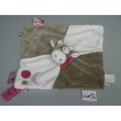 Doudou vache plat Noukie's marron blanc rose lune
