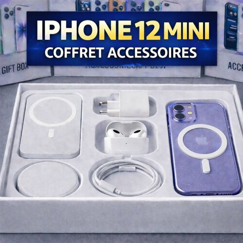 Coffret Accessoires (Gift Box) iPhone 12 Mini - 6 Accessoires Inclus - Batterie Externe + Coque MagSafe - Cadeau Premium Compatible Apple - Expédition France