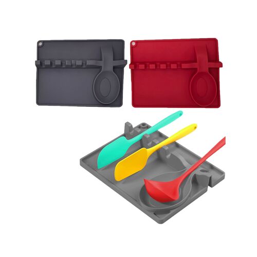 Ensemble De Repose-Cuillères En Silicone - Support À Ustensiles Résistant À La Chaleur - Gris Rouge