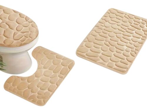 Ensemble de tapis de bain 3 pièces avec motif galets et support en mousse