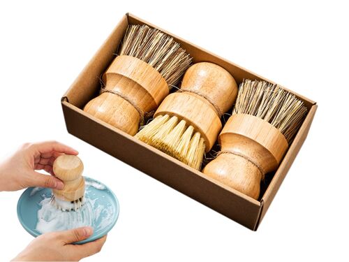 Ensemble de 3 mini brosses à vaisselle en bambou - Brosses de nettoyage naturelles
