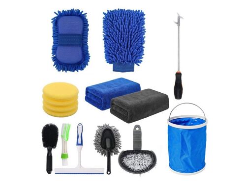 Ensemble De 15 Outils De Nettoyage De Voiture Avec Seau, Brosses Et Gant