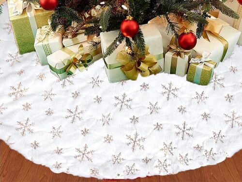 Jupe de sapin de Noël à paillettes dorées 122 cm avec appliques flocons de neige