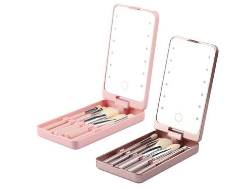 Miroir De Maquillage Led Avec Boîte De Rangement Pour Pinceaux Et 5 Pinceaux Inclus - Rose Doré 