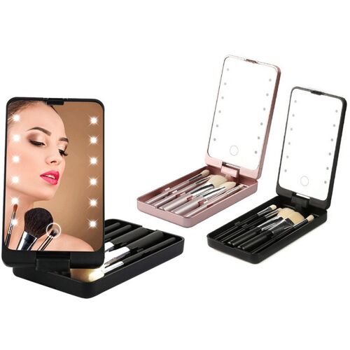 Miroir De Maquillage Led Avec Rangement Pour Pinceaux Et 5 Pinceaux Inclus - Noir/Or Rose 
