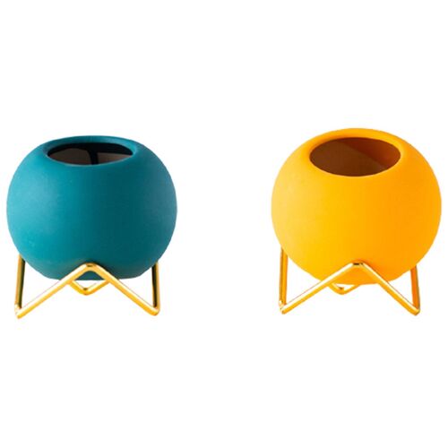 Ensemble De Pots De Fleurs En Forme De Boule En Céramique Avec Support En Métal - Jaune Et Bleu Roi