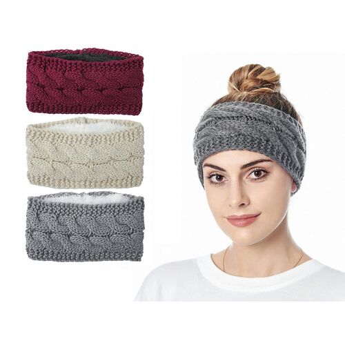 Ensemble De Bandeaux Doublés En Polaire Tricotée - Beige, Bordeaux, Gris Clair