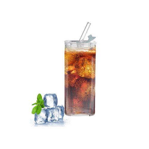 Gobelet Carré En Verre De 400 Ml Avec Couvercle Et Paille Pour Boissons