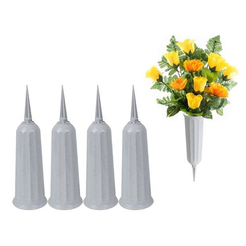Lot de 4 vases porte-fleurs commémoratifs en résine grise avec pics pour cimetière