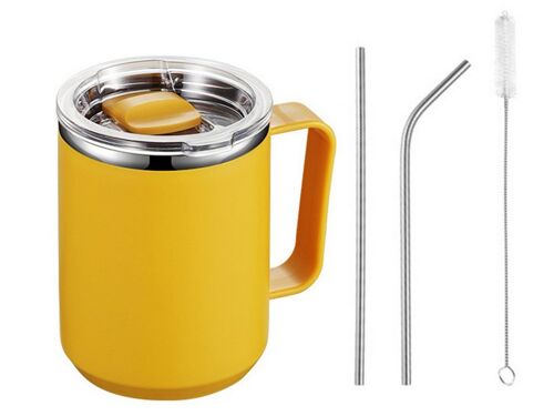 Mug À Café En Acier Inoxydable De 450 Ml Avec Couvercle Et Anse, Orange