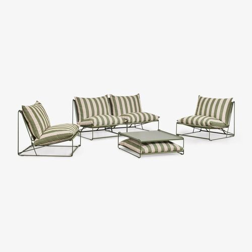 Ensemble De Jardin Avec Canapé Modulaire 2 Pièces, 2 Fauteuils Et Table D'appoint Convertible Amaro Beige Tapioca - Vert Olive Intense