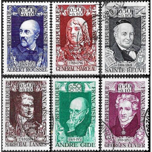 France 1969, Belle Série Complète 6 Timbres Oblitérés Yvert 1590 À 1595, Célébrités, Albert Roussel, Général Marceau, Sainte-Beuve, Maréchal Lannes, André Gide Et Georges Baron Cuvier.