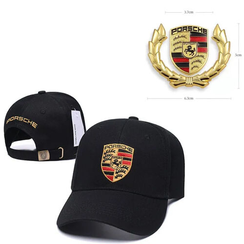 Autocollant De Voiture Pour Porsche 6.3x5cm Avec 1 Casquette De Baseball Chapeau Brodé Porsche Noir