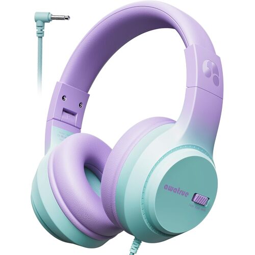 LORANKA-Casque Audio Enfant, 74/85/94dB Volume Sécurisé Casque Filaire Enfant, Son Stéréo, Pliable, 3.5 mm Jack Over Ear Casque pour Enfants pour Ipad/Voyage/Tablette/Téléphone (Violet Vert)