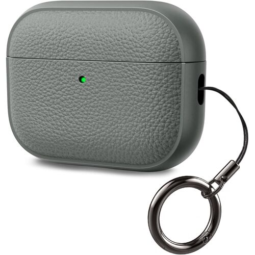 KALANKA-Coque TPU Imitation Cuir pour AirPods Pro 3 (2025) ¿ Résistante aux Rayures et à la Poussière, LED Visible à l'avant, Protection Antichoc, Dragonne et Outil de Démontage Inclu, Gris
