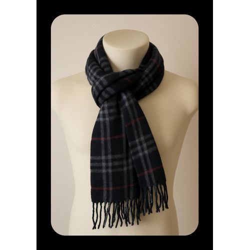 #821 Écharpe Burberry – Bleu Marine / Gris / Rouge – 100% Lambswool