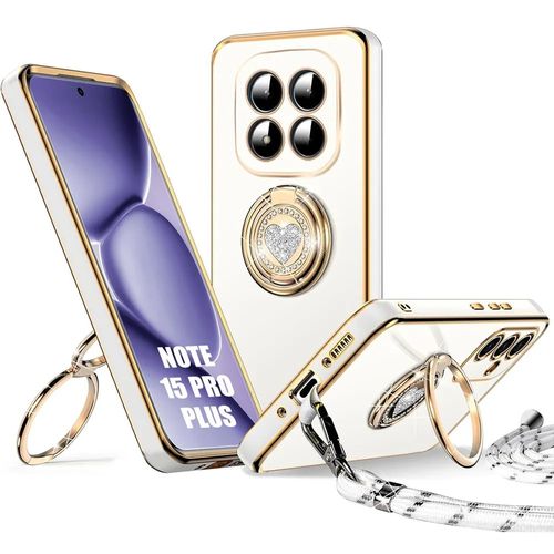 Coque pour Xiaomi Redmi Note 15 Pro Plus 5G, avec Anneau Rotatif Motif Coeur et Cordon - Blanc - E.F.Connection