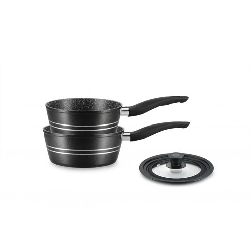 Ensemble De 2 Casseroles Revêtement Marbre Noir Avec Couvercle En Verre Royalty Line Rlfs2m-Blk