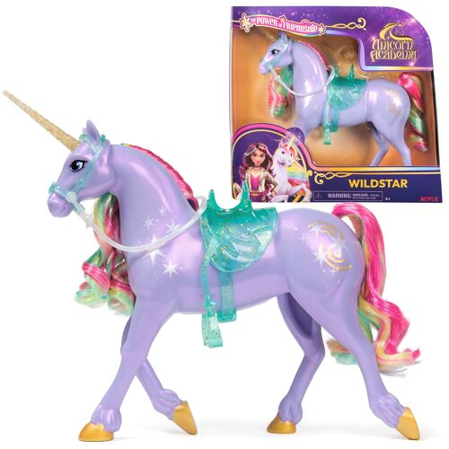 Unicorn Academy, Wildstar Power of Friendship avec selle et bride translucides, poupées et licornes de 28 cm pour filles à partir de 4 ans