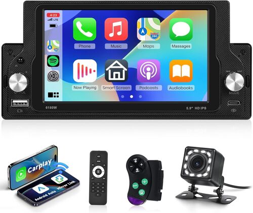 Autoradio 1 Din Carplay Android Auto, 5,9 Pouces Écran Tactile Carplay 1 Din Radio Voiture Avec 2 Boutons Avec Mirror Link Fm/Eq Bluetooth Usb/Aux/Type C Télécommandes Caméra De Recul