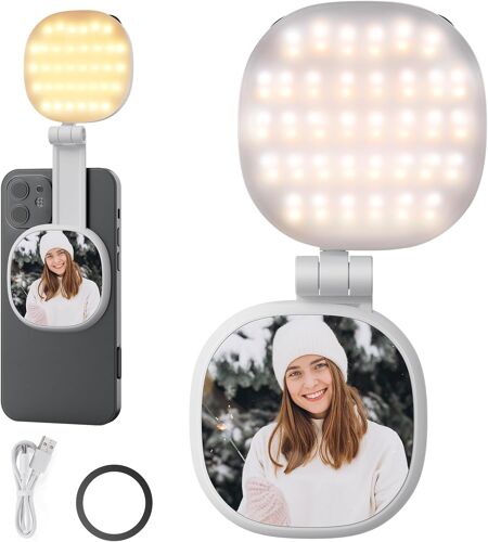 NEEWER BASICS Lampe Selfie Magnétique Compatible MagSafe iPhone¿ Ring Light/Anneau Lumineux LED Bicolore 2W¿ CRI 95+¿ Pivotant à 360°¿ Miroir Intégré pour Maquillage et Visioconférence¿ NL72B Blanc