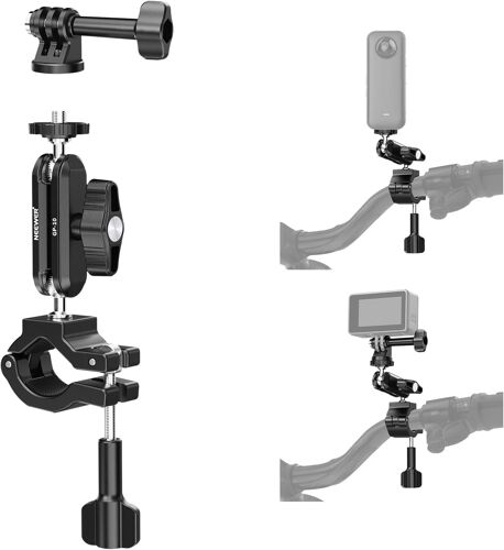 NEEWER Support Perche pour Caméra d'Action avec 2 Têtes Sphérique à 360°Adaptateur Caméra Action à Vis 1/4"¿Pince Support pour Guidon Moto¿Compatible avec GoPro Hero12 11 10 9 Max360 Insta360 DJI Osmo