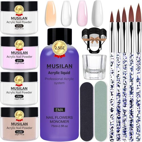 Kit Complet Acrylique Ongles, 4pcs Poudre Acrylique Pour Ongles Et 75ml Liquide Acrylique, 5 Pinceaux + Accessoires,Kit Professionnels Acrylique Nail Extension Convient Aux Débutants Et Aux 