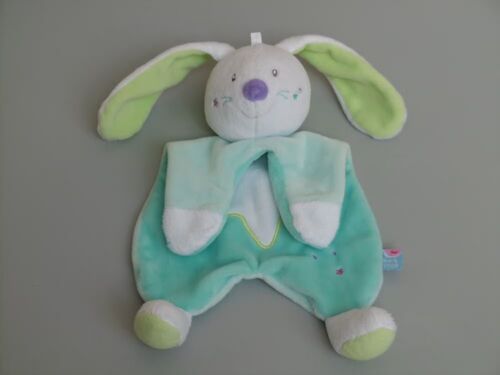 Doudou lapin plat Sucre d'Orge bleu vert blanc étoile luminescent