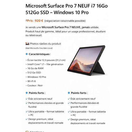 Microsoft Surface Pro 7 i7 16Go 512Go SSD ¿ Windows 10 Pro