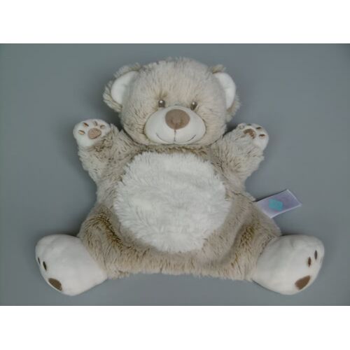 Doudou ours plat marionnette Tex Baby blanc beige marron chiné empreintes