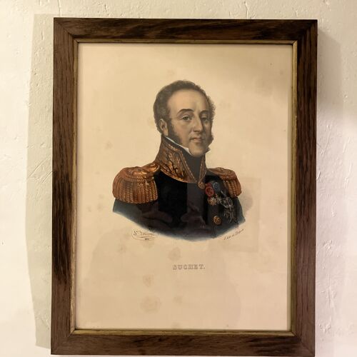 Général Suchet Epoque Empire Napoleon Gravure Rehaussée 1826 Encadré Enchêne, Signé