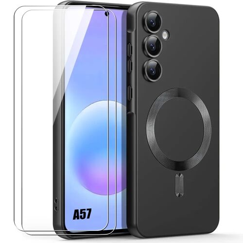 Coque + 2 Verres Trempés pour Samsung Galaxy A57 5G, Silicone Liquide avec Anneau Magnétique - Noir - E.F.Connection